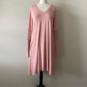 Nina Leonard V-Neck Long Bell Crochet Sleeve Pockets Midi Dress size S